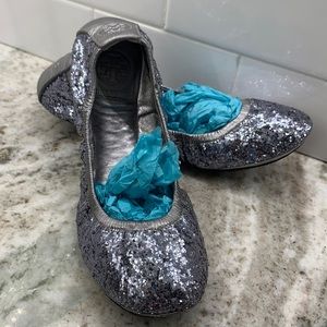 Tory Burch Eddie pewter glitter flats 7 1/2